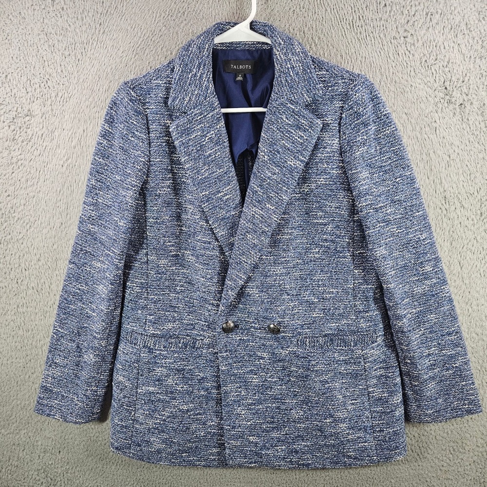 Talbots Womens Blue White Tweed Double Breasted Blazer Jacket Size 6